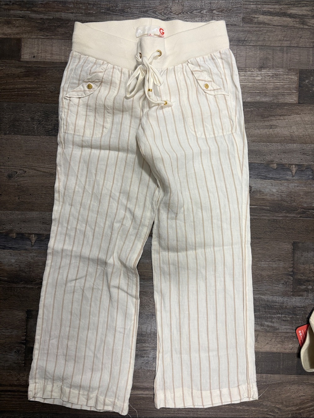 Guess Women's Cream Pinstripe Drawstring Linen Joggers